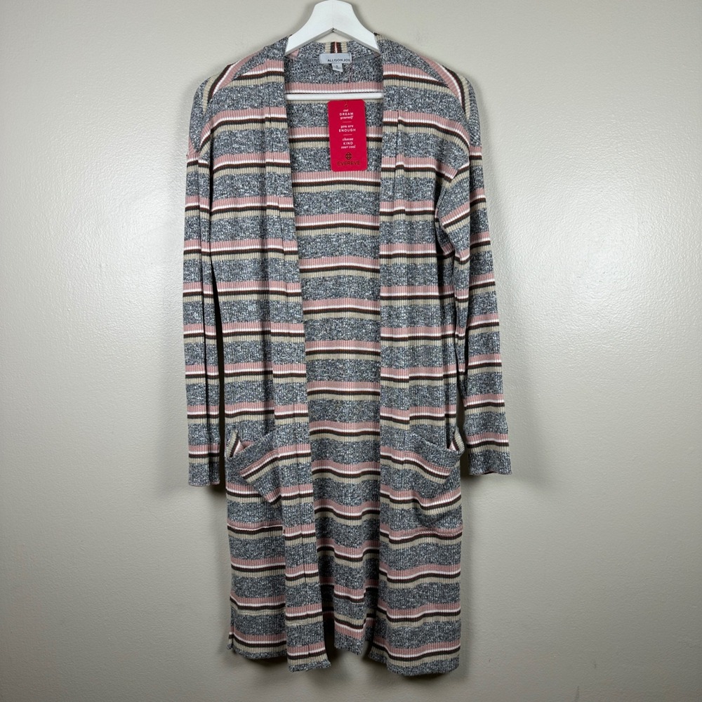 Allison Joy Women's S Callie Striped Cardigan Grey Pink Longline Open Front NEW